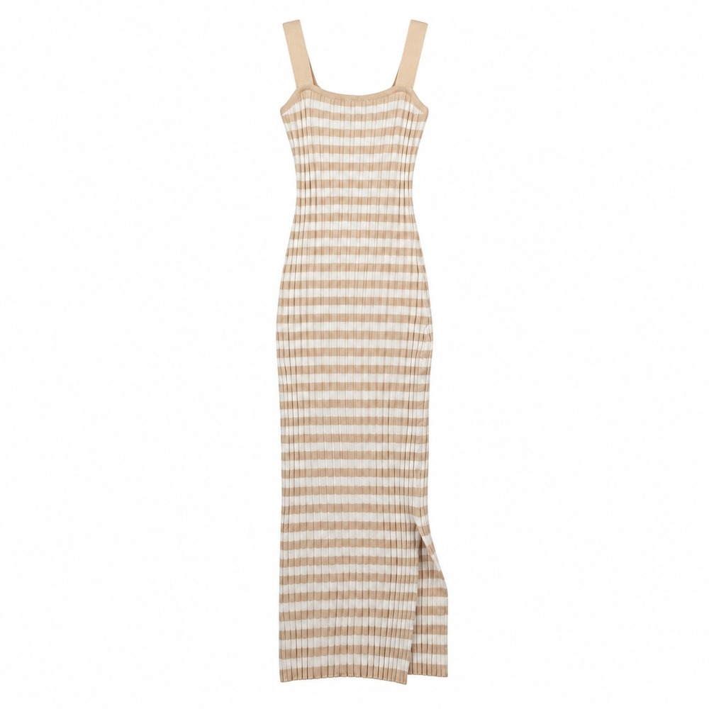 Womens S Striped Ribbed Knit Midi Tank Dress Side Slit Beige White Merokeety NWT